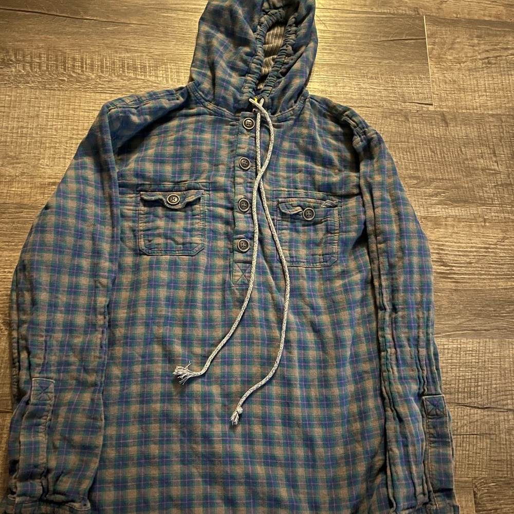 Life Is Good Blue and Green Plaid Hooded Shirt